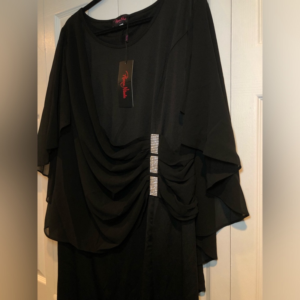 Hanna Nikole Women's Chiffon Ruffle Flattering Cape Sleeve Bodycon Pencil Dress - Picture 5 of 10